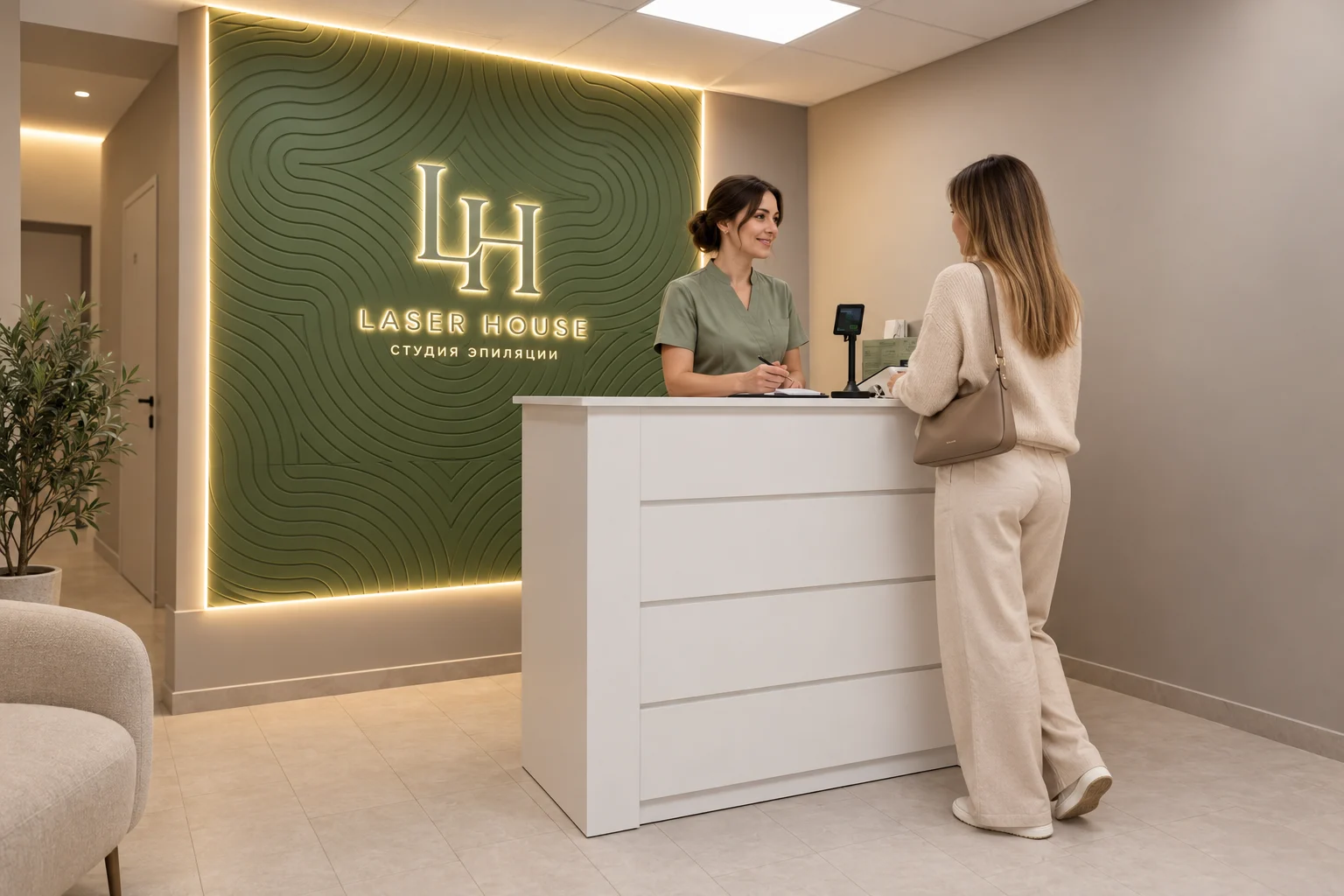 Клиент и мастер у ресепшена Laser House, иллюстрация на основе фото студии